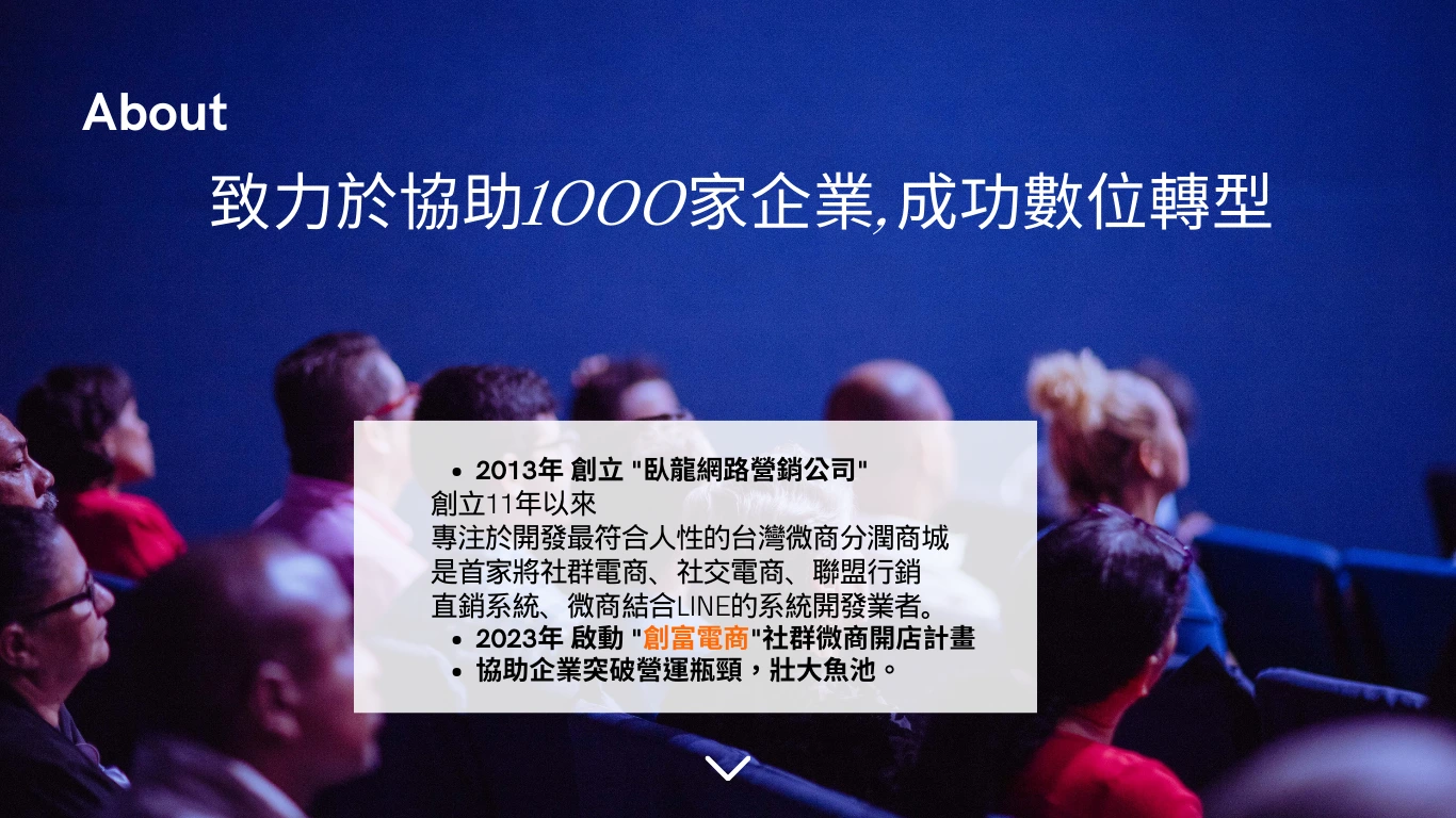 致力於協助1000家企業成功數位轉型,臥龍網路營銷公司,創立11年以來,專注於開發最符合人性的台灣微商分潤商城,是首家將社群電商,社交電商,聯盟行銷,直銷系統,微商結合Line的系統開發業者.2023年啟動創富電商,社群微商開店計畫,協助企業突破營運瓶頸,壯大魚池